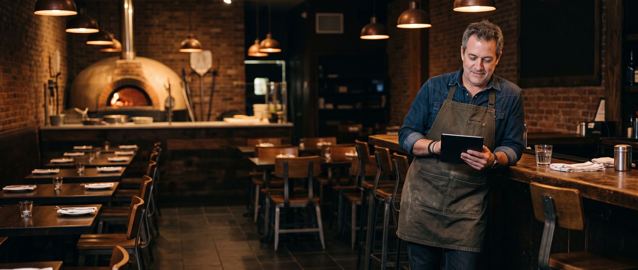 An owner checks a tablet at the bar after service
