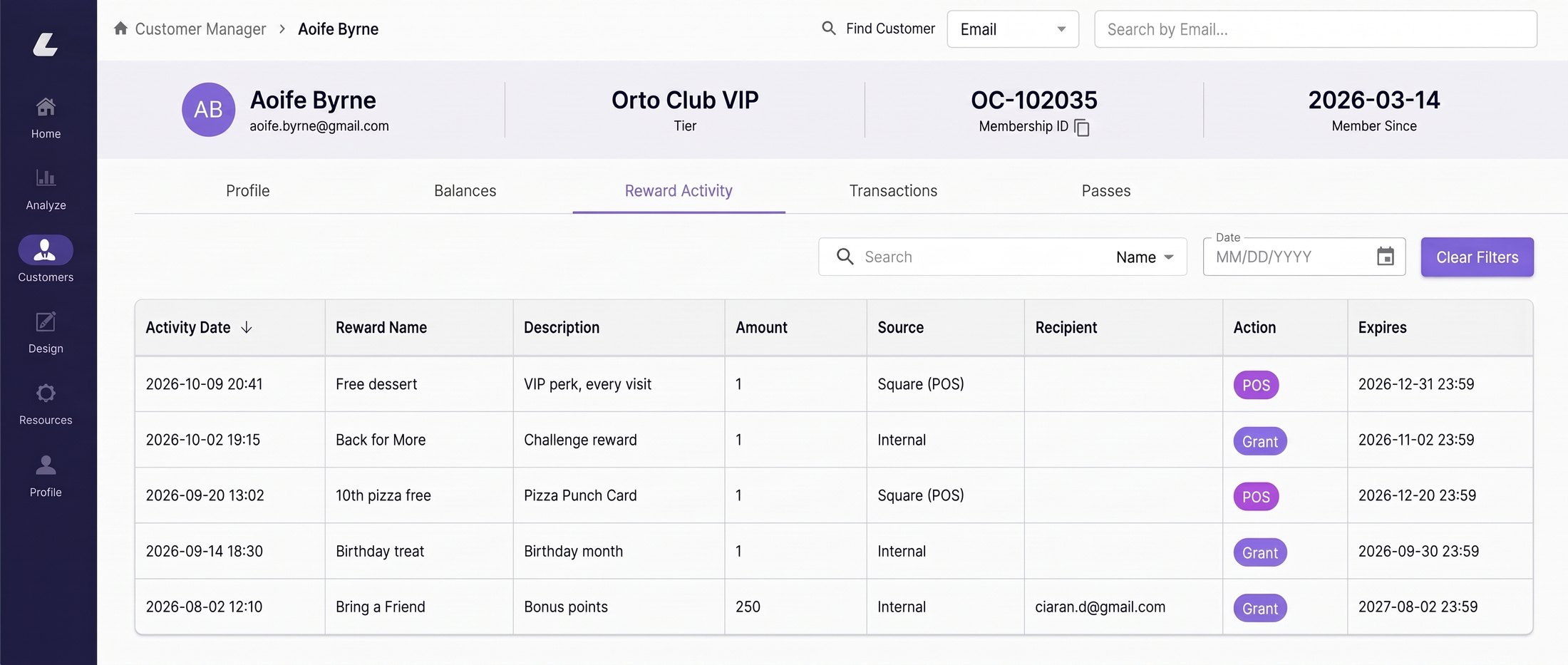 LAVA Customer Manager showing an Orto Club VIP member's profile and reward activity