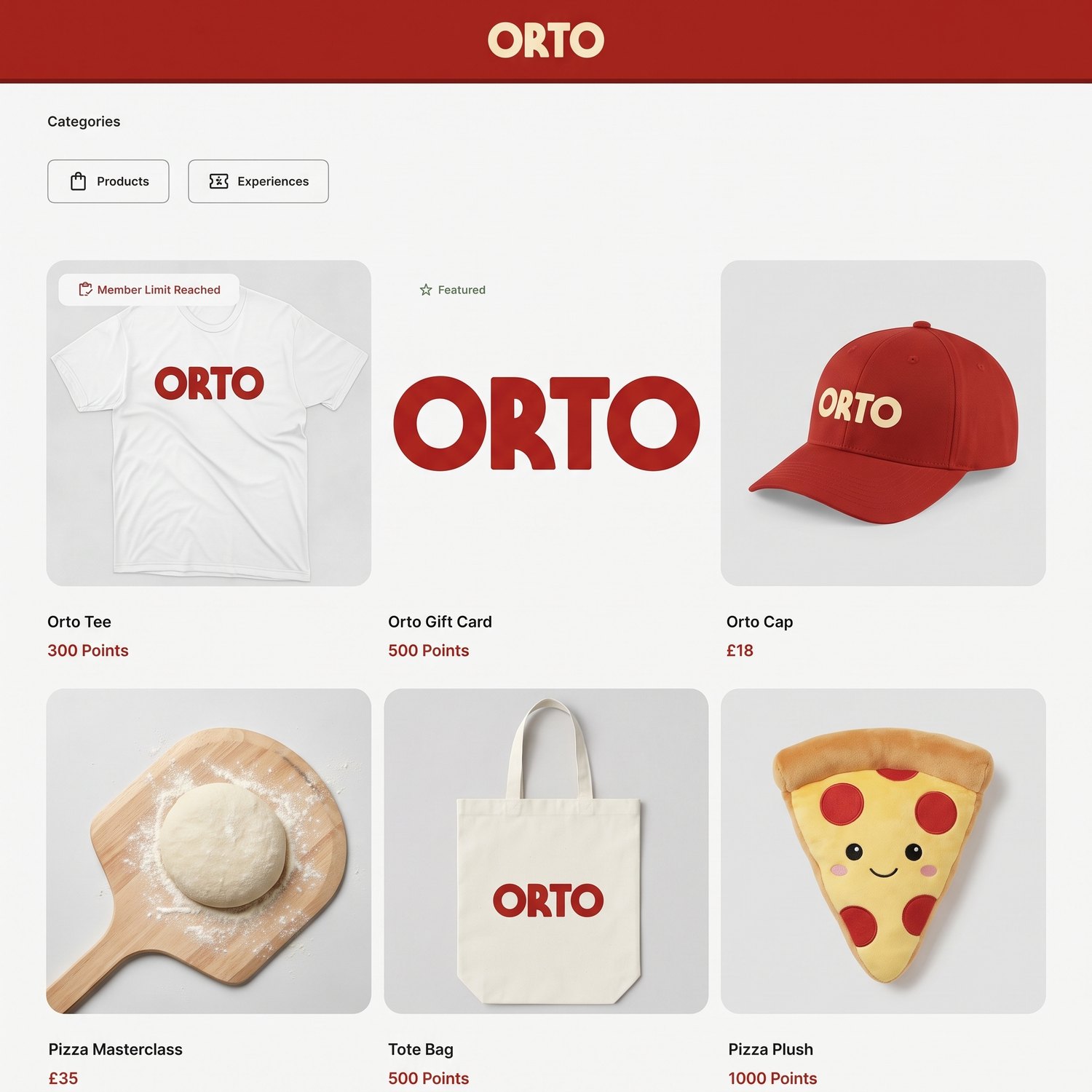 The Orto Club Marketplace with Orto merch and a pizza masterclass priced in points