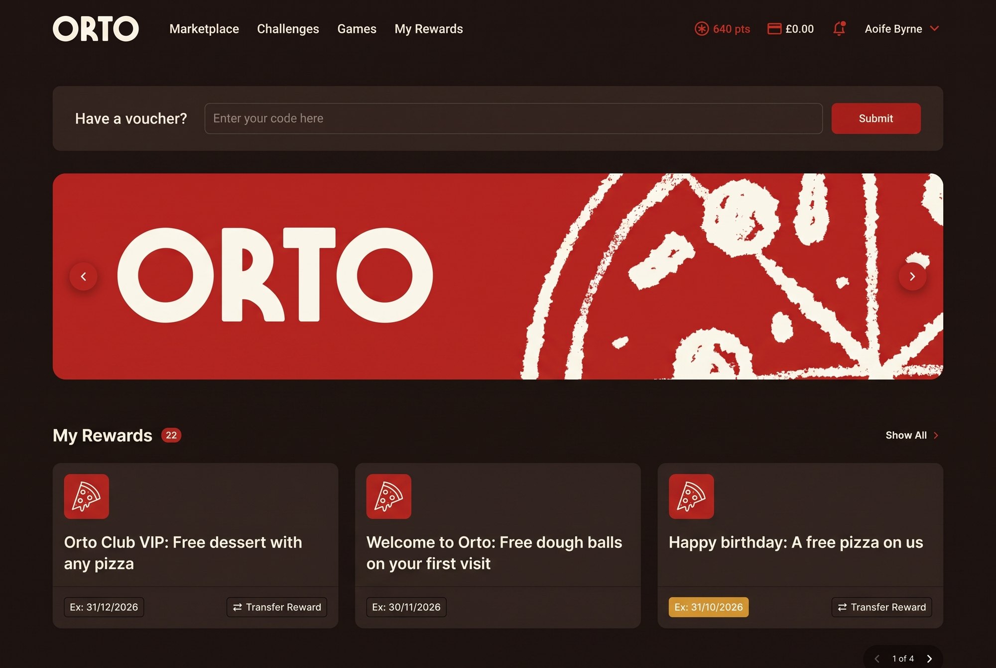 The Orto Club Member Portal on desktop, with rewards, voucher entry and the Orto banner