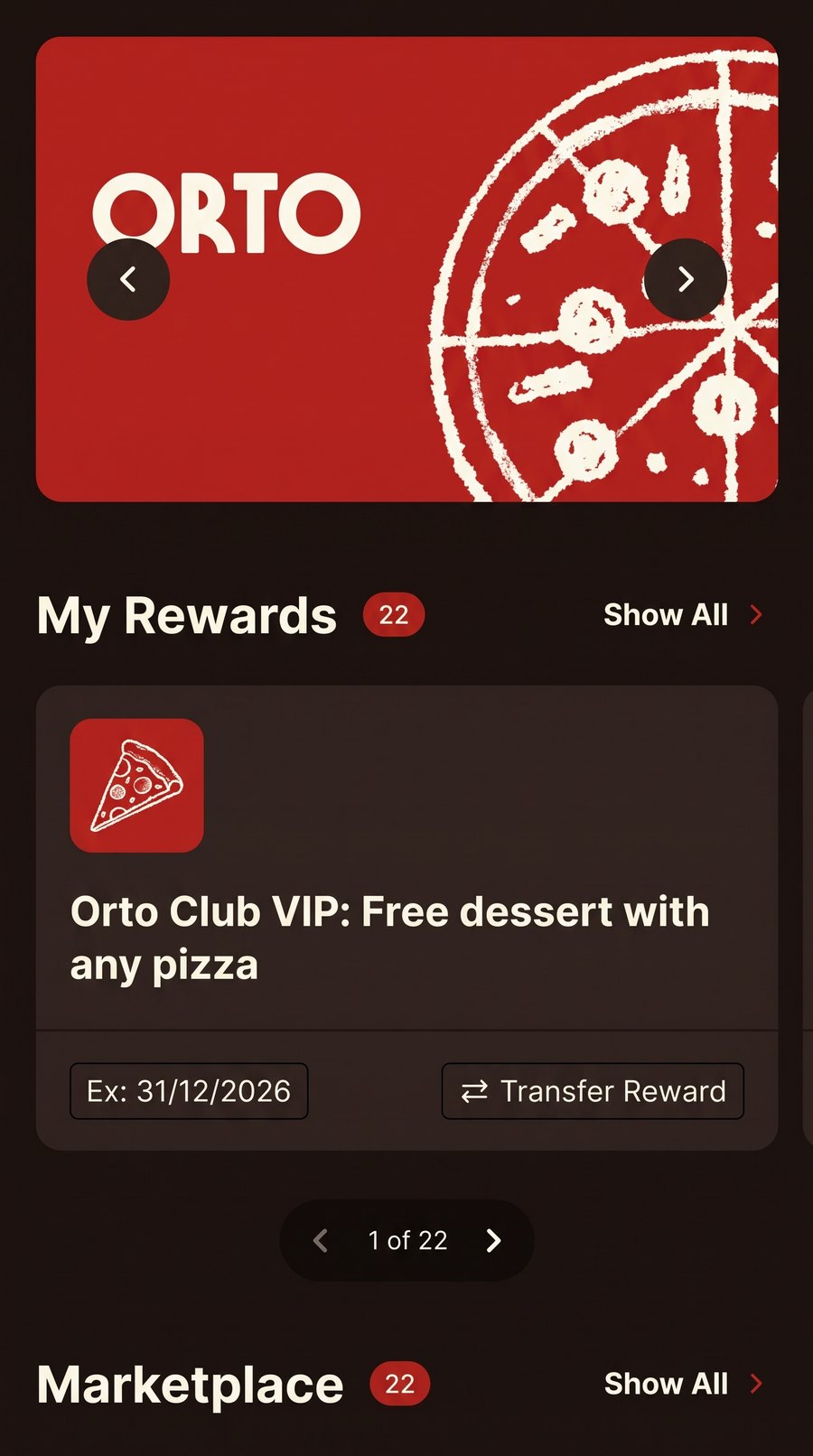 Orto Club Member Portal on a phone, showing My Rewards with a VIP free dessert reward
