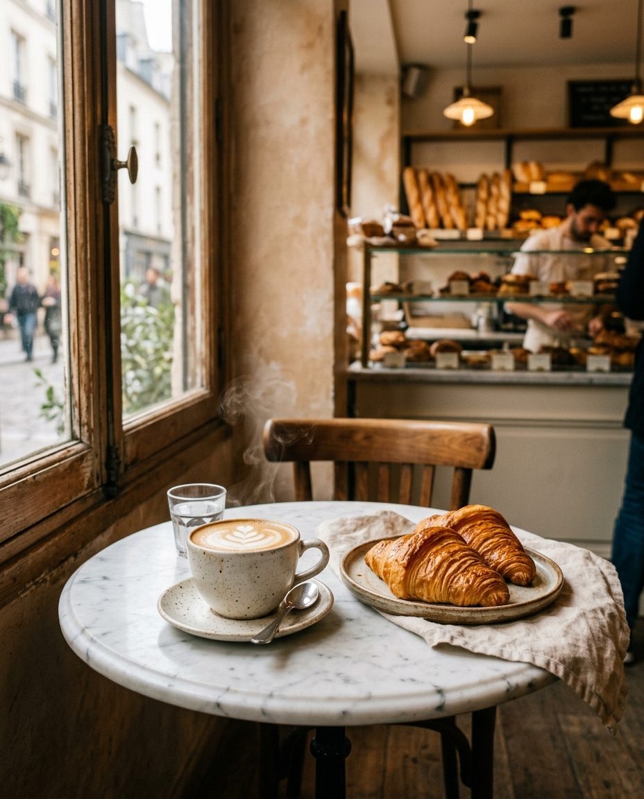 Coffee and croissants in a bakery