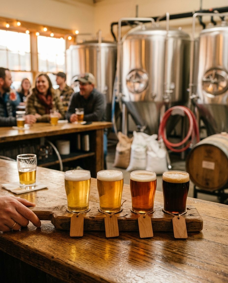 A craft beer tasting flight in a taproom