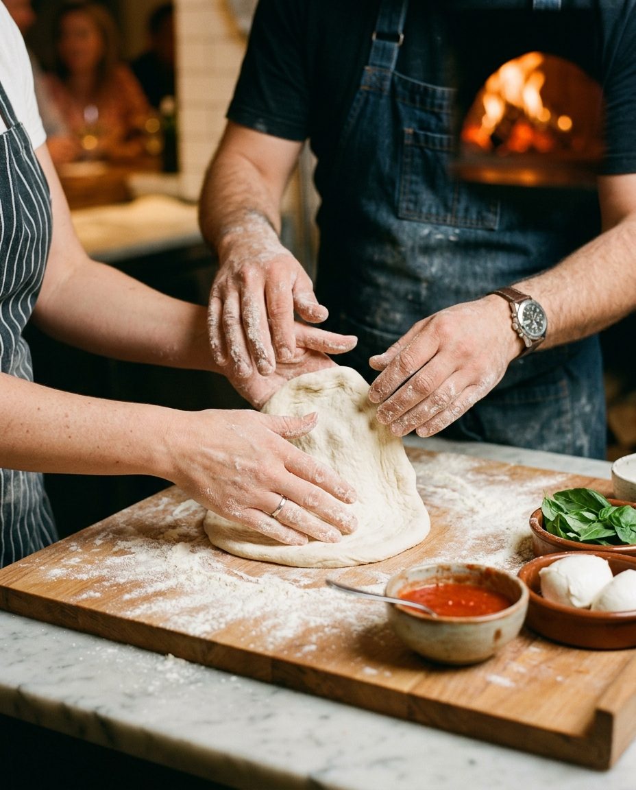Hands stretching pizza dough at a masterclass