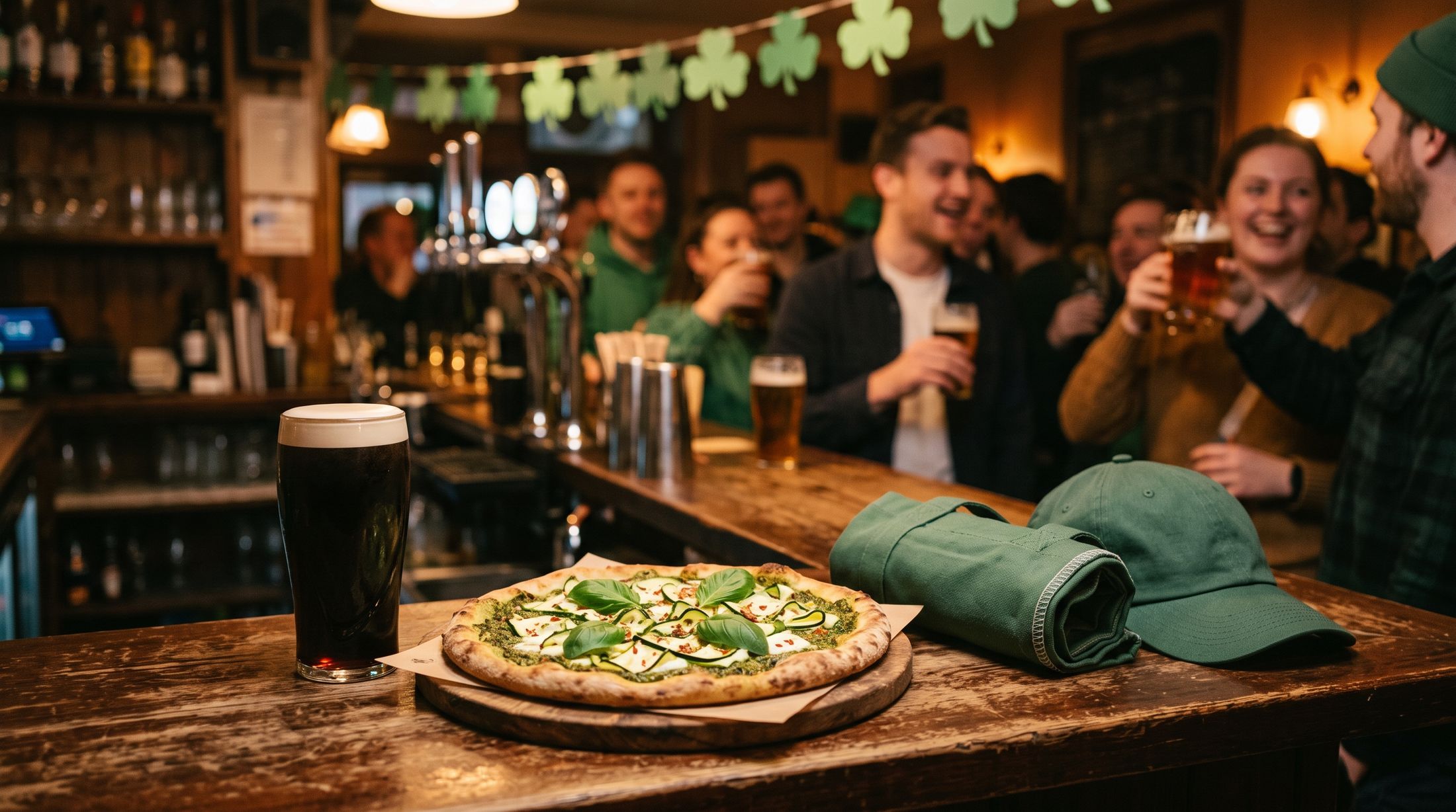 A pint of stout, a green pesto pizza and limited-edition merchandise on a bar on St Patrick's Day
