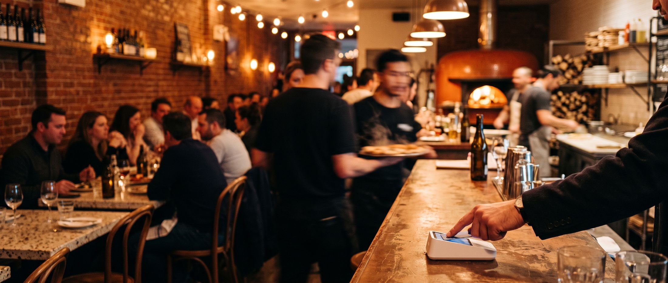 A busy pizzabar at evening service, a guest paying by card at the counter