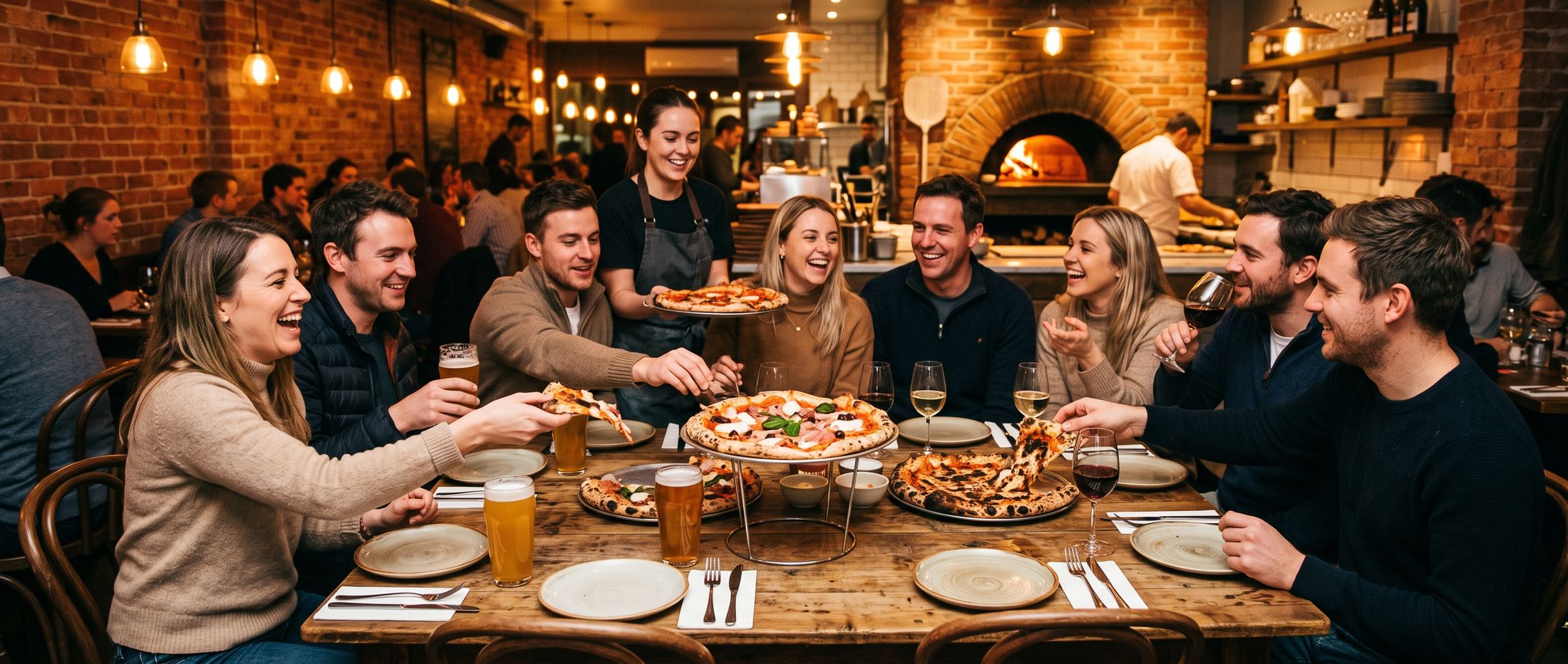 Friends sharing wood-fired pizzas at a long table